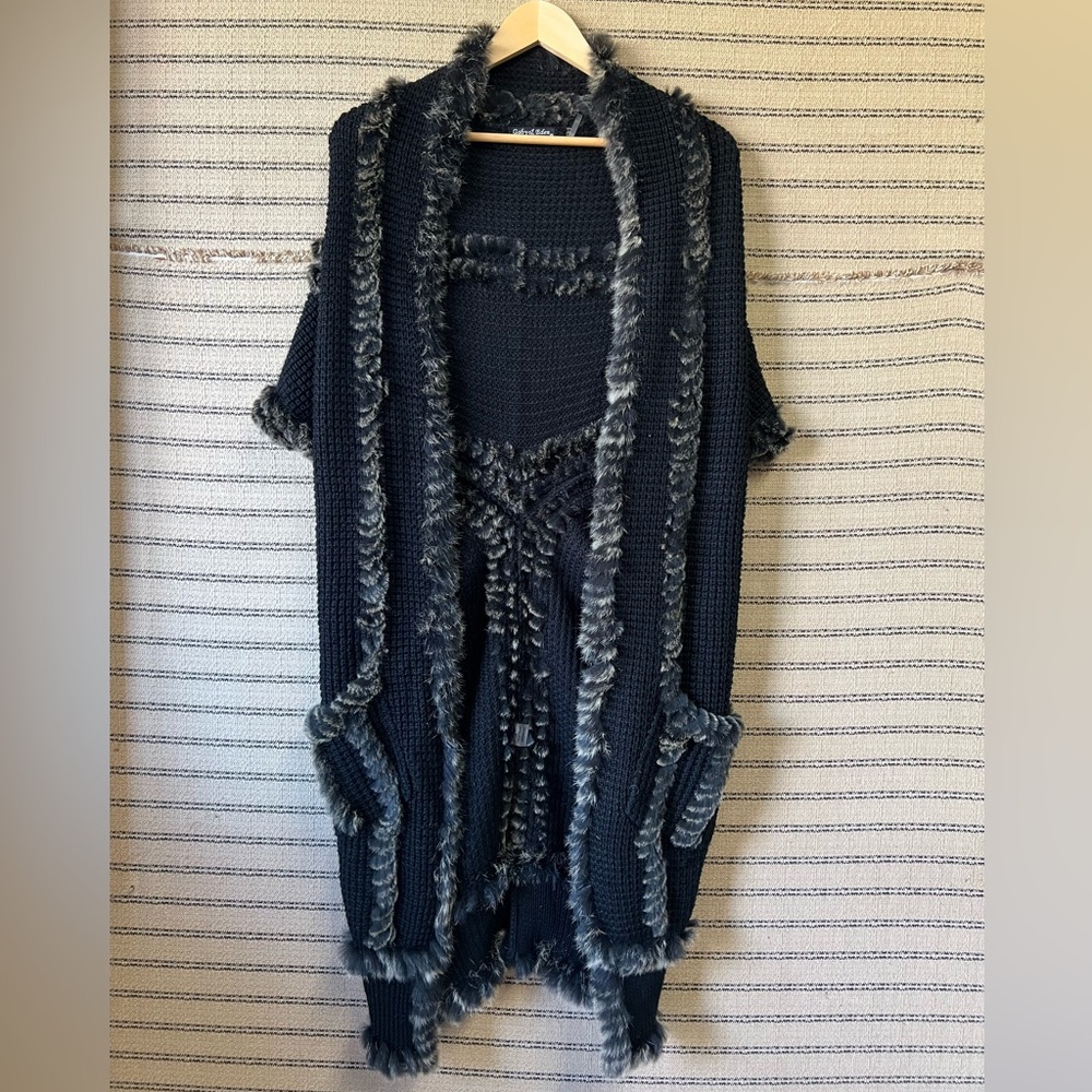 Gaby & Eden Knit and Gray/Brown Rabbit’s Fur Trimmed Vest Cardigan
